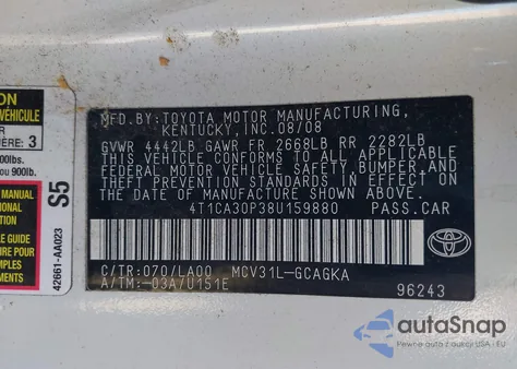 2008 Toyota Camry Solara Sle V6 z USA, uszkodzony, nr VIN 4T1CA30P38U159880